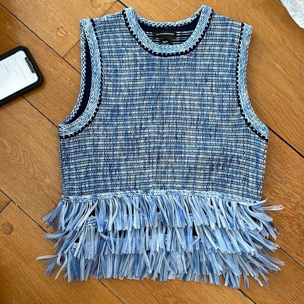 Club Monaco blue knitted tank top with fringing XS